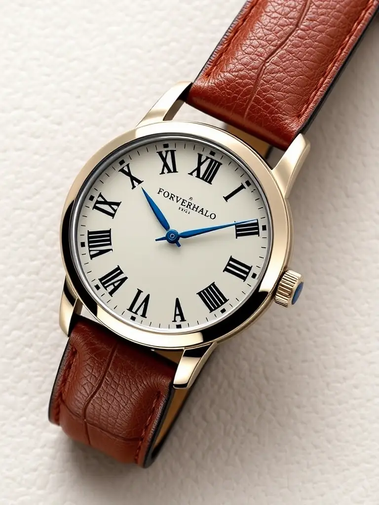 High-resolution image of the Foreverhalo 'Heritage' watch, emphasizing the classic design elements, including the Roman numeral hour markers, blued steel hands, and the finely textured leather strap.