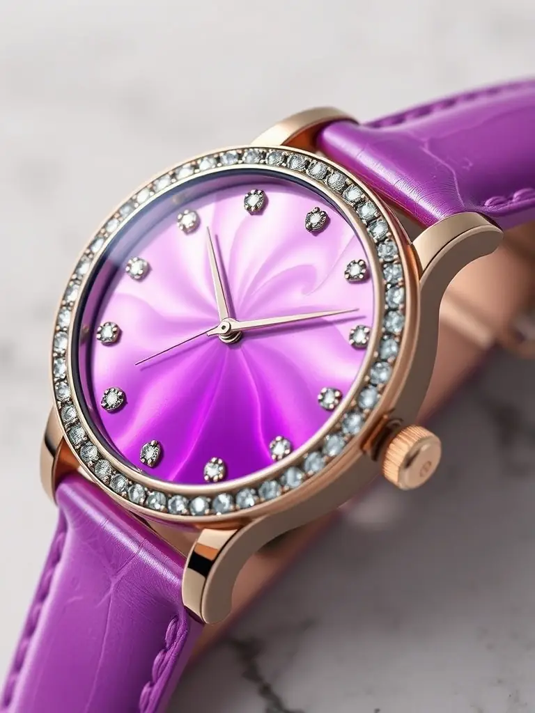 Detailed image of the Foreverhalo 'Aurora' watch, focusing on the gradient color scheme of its mother-of-pearl dial, transitioning from deep purple to soft pink, with diamond indices.