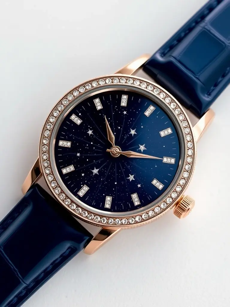 Close-up shot of the Foreverhalo 'Celestial' watch, showcasing its intricate dial with miniature star constellations and diamond hour markers, set against a deep blue enamel background.